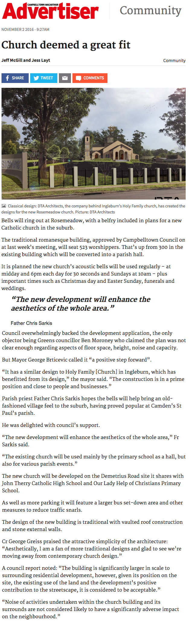 Report on the New Church in the Campbelltown Macarthur Advertiser - 2 November 2016