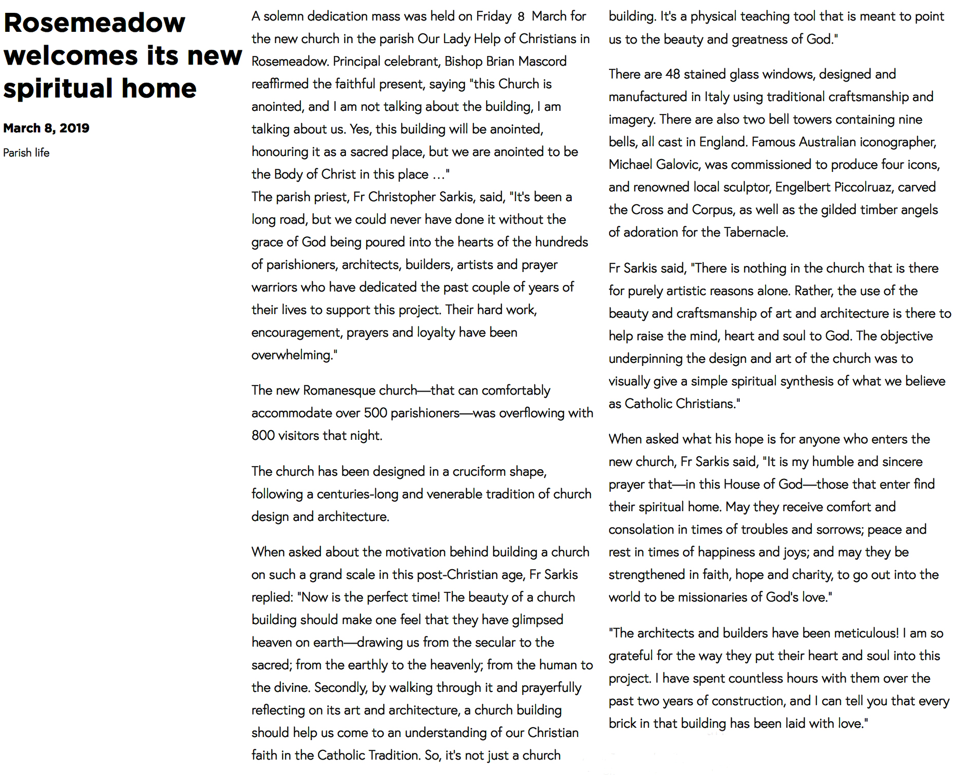 Article - Rosemeadow Welcomes Its New Spiritual Home